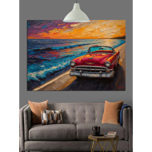 Renkli Gökyüzünde Kırmızı Araba Dekoratif Kanvas - Mdf Ahşap Tablo 70x100 cm