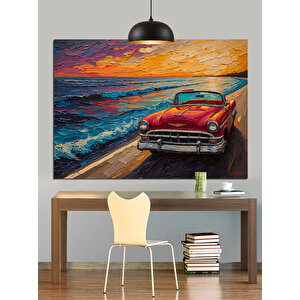 Renkli Gökyüzünde Kırmızı Araba Dekoratif Kanvas - Mdf Ahşap Tablo 70x100 cm