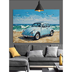 Deniz Kenarında Mavi Araba Dekoratif Kanvas - Mdf Ahşap Tablo 70x100 cm
