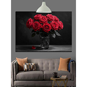 Vazoda Kırmızı Güller Dekoratif Kanvas - Mdf Ahşap Tablo 50x70 cm