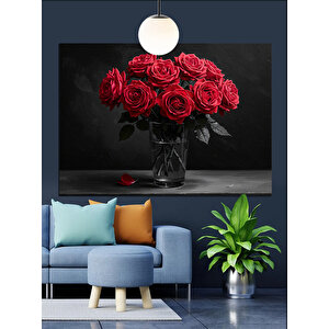 Vazoda Kırmızı Güller Dekoratif Kanvas - Mdf Ahşap Tablo 50x70 cm