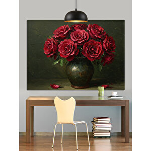 Koyu Fon Üzerinde Kırmızı Güller Dekoratif Kanvas - Mdf Ahşap Tablo 35x50 cm