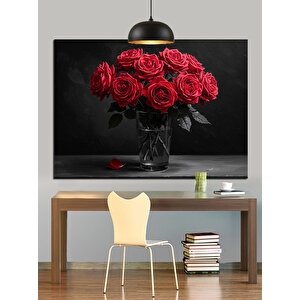 Vazoda Kırmızı Güller Dekoratif Kanvas - Mdf Ahşap Tablo 70x100 cm