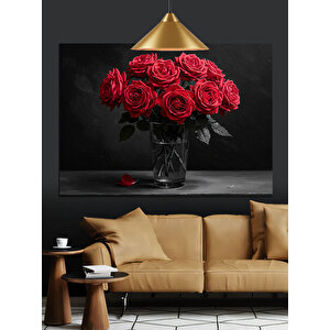 Vazoda Kırmızı Güller Dekoratif Kanvas - Mdf Ahşap Tablo