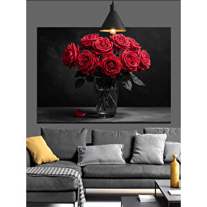 Vazoda Kırmızı Güller Dekoratif Kanvas - Mdf Ahşap Tablo