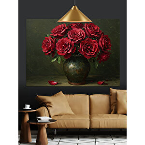 Koyu Fon Üzerinde Kırmızı Güller Dekoratif Kanvas - Mdf Ahşap Tablo 50x70 cm