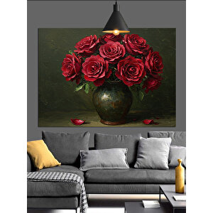 Koyu Fon Üzerinde Kırmızı Güller Dekoratif Kanvas - Mdf Ahşap Tablo