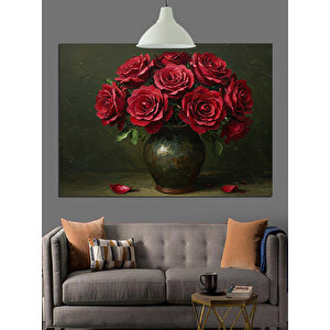Koyu Fon Üzerinde Kırmızı Güller Dekoratif Kanvas - Mdf Ahşap Tablo