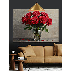 Vazoda Kırmızı Güller Dekoratif Kanvas - Mdf Ahşap Tablo