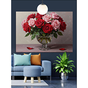Vazoda Kırmızı Güller Dekoratif Kanvas - Mdf Ahşap Tablo 35x50 cm