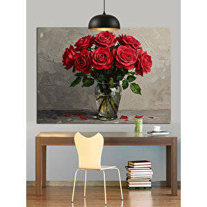 Vazoda Kırmızı Güller Dekoratif Kanvas - Mdf Ahşap Tablo 70x100 cm
