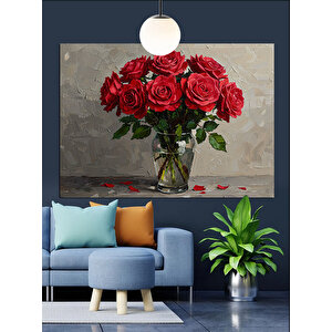 Vazoda Kırmızı Güller Dekoratif Kanvas - Mdf Ahşap Tablo 70x100 cm