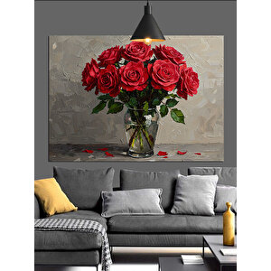 Vazoda Kırmızı Güller Dekoratif Kanvas - Mdf Ahşap Tablo