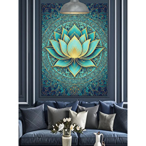 Detaylı Mavi Lotus Deseni Dekoratif Kanvas - Mdf Ahşap Tablo 70x100 cm