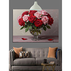 Vazoda Kırmızı Güller Dekoratif Kanvas - Mdf Ahşap Tablo 70x100 cm