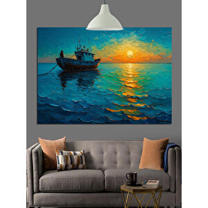 Gün Batımında Balıkçı Teknesi Dekoratif Kanvas - Mdf Ahşap Tablo 35x50 cm
