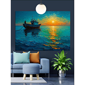 Gün Batımında Balıkçı Teknesi Dekoratif Kanvas - Mdf Ahşap Tablo 35x50 cm