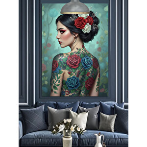Güllü Dövmeli Kadın Dekoratif Kanvas - Mdf Ahşap Tablo 70x100 cm
