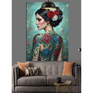 Güllü Dövmeli Kadın Dekoratif Kanvas - Mdf Ahşap Tablo 70x100 cm