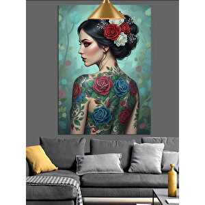 Güllü Dövmeli Kadın Dekoratif Kanvas - Mdf Ahşap Tablo 50x70 cm