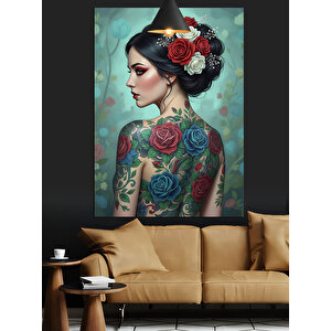 Güllü Dövmeli Kadın Dekoratif Kanvas - Mdf Ahşap Tablo