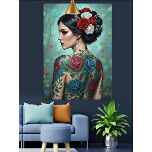 Güllü Dövmeli Kadın Dekoratif Kanvas - Mdf Ahşap Tablo
