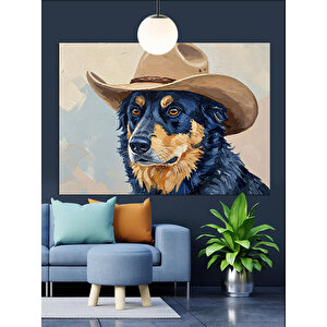 Kovboy Şapkalı Sevimli Köpek Dekoratif Kanvas - Mdf Ahşap Tablo
