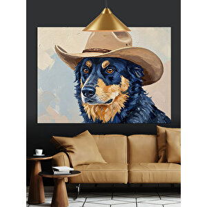 Kovboy Şapkalı Sevimli Köpek Dekoratif Kanvas - Mdf Ahşap Tablo