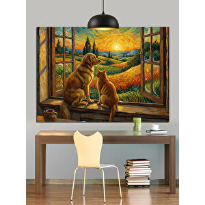 Pencereden Bakan Kedi Ve  Köpek Dekoratif Kanvas - Mdf Ahşap Tablo 35x50 cm