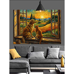 Pencereden Bakan Kedi Ve  Köpek Dekoratif Kanvas - Mdf Ahşap Tablo