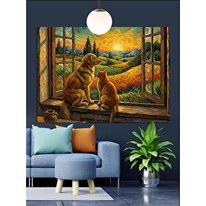 Pencereden Bakan Kedi Ve  Köpek Dekoratif Kanvas - Mdf Ahşap Tablo 25x35 cm
