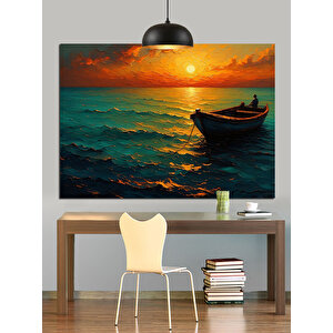 Gün Batımında Küçük Tekne Dekoratif Kanvas - Mdf Ahşap Tablo 35x50 cm