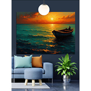 Gün Batımında Küçük Tekne Dekoratif Kanvas - Mdf Ahşap Tablo 35x50 cm
