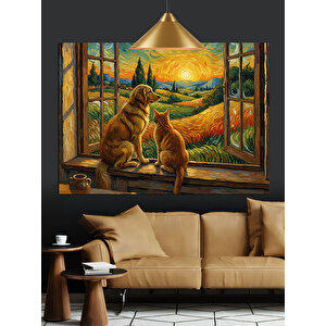 Pencereden Bakan Kedi Ve  Köpek Dekoratif Kanvas - Mdf Ahşap Tablo 70x100 cm