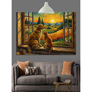 Pencereden Bakan Kedi Ve  Köpek Dekoratif Kanvas - Mdf Ahşap Tablo