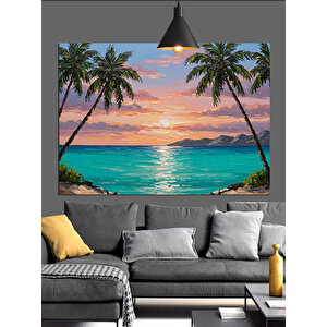 Gün Batımında Palmiye Sahili Dekoratif Kanvas - Mdf Ahşap Tablo 70x100 cm