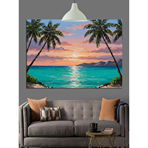 Gün Batımında Palmiye Sahili Dekoratif Kanvas - Mdf Ahşap Tablo 70x100 cm