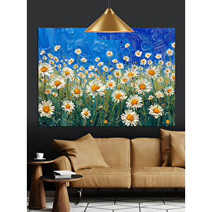 Mavi Tarlada Beyaz Papatyalar Dekoratif Kanvas - Mdf Ahşap Tablo 70x100 cm