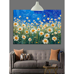 Mavi Tarlada Beyaz Papatyalar Dekoratif Kanvas - Mdf Ahşap Tablo