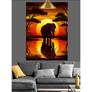 Gün Batımında Yalnız Fil Dekoratif Kanvas - Mdf Ahşap Tablo 70x100 cm