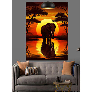 Gün Batımında Yalnız Fil Dekoratif Kanvas - Mdf Ahşap Tablo 70x100 cm