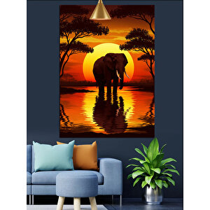 Gün Batımında Yalnız Fil Dekoratif Kanvas - Mdf Ahşap Tablo