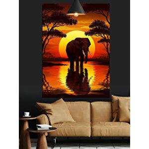 Gün Batımında Yalnız Fil Dekoratif Kanvas - Mdf Ahşap Tablo