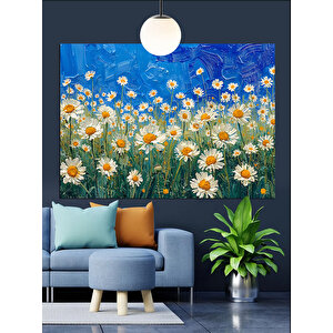 Mavi Tarlada Beyaz Papatyalar Dekoratif Kanvas - Mdf Ahşap Tablo 70x100 cm