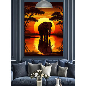Gün Batımında Yalnız Fil Dekoratif Kanvas - Mdf Ahşap Tablo 70x100 cm
