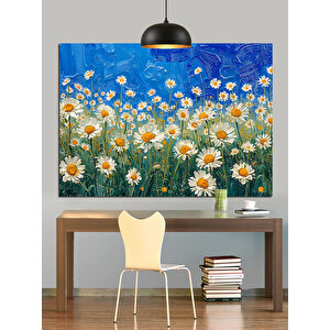 Mavi Tarlada Beyaz Papatyalar Dekoratif Kanvas - Mdf Ahşap Tablo