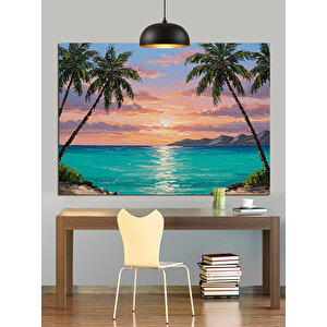 Gün Batımında Palmiye Sahili Dekoratif Kanvas - Mdf Ahşap Tablo 35x50 cm
