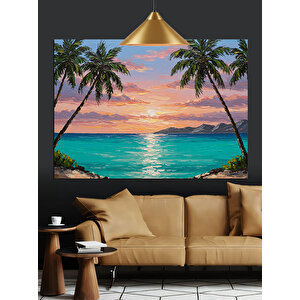 Gün Batımında Palmiye Sahili Dekoratif Kanvas - Mdf Ahşap Tablo