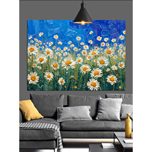 Mavi Tarlada Beyaz Papatyalar Dekoratif Kanvas - Mdf Ahşap Tablo 50x70 cm
