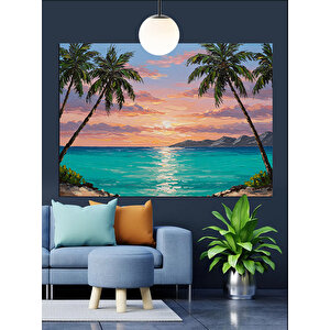 Gün Batımında Palmiye Sahili Dekoratif Kanvas - Mdf Ahşap Tablo